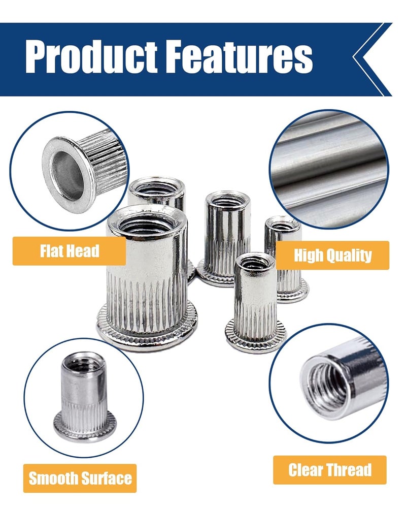 ELEFOCUS SAE Rivet Nut Assortment Kit 505Pcs 6-32 8-32 10-24,1/4-20, 3/8-16, 5/16-18,1/2-13 304 Stainless Steel Flat Head Threaded Rivet Insert Rivet Nuts - Image 5
